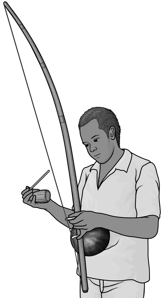 Grayscale images / berimbau player/ African(Brazilian) stringed instruments
