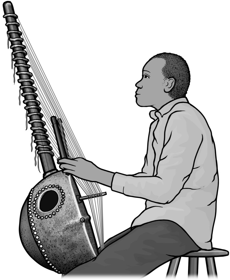 Grayscale images / kora player/ African stringed instruments