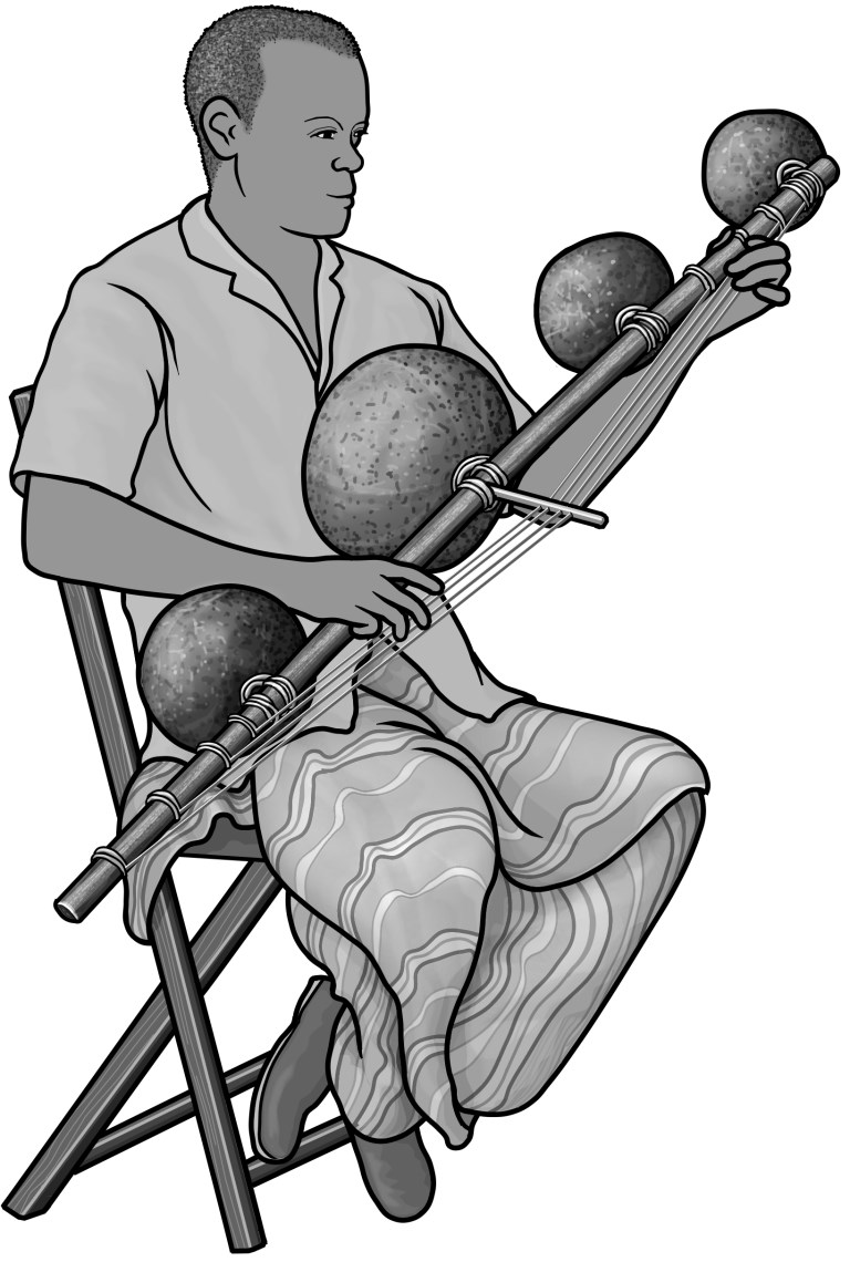 Grayscale images / mvet player/ African stringed instruments
