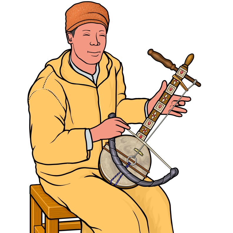 モロッコの弓奏弦楽器：リバブ ribab を演奏する男性