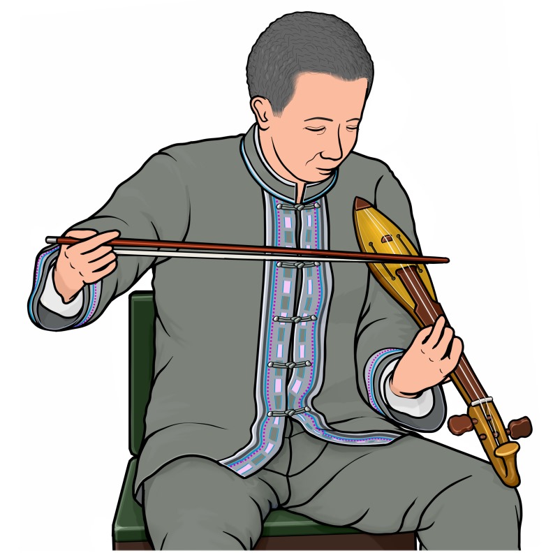 牛腿琴（ニウトゥエチン）を演奏する男性の図