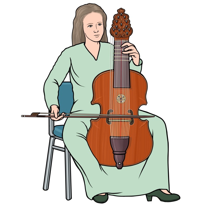 リローネ（リラ・ダ・ガンバ）を演奏する女性のイラスト