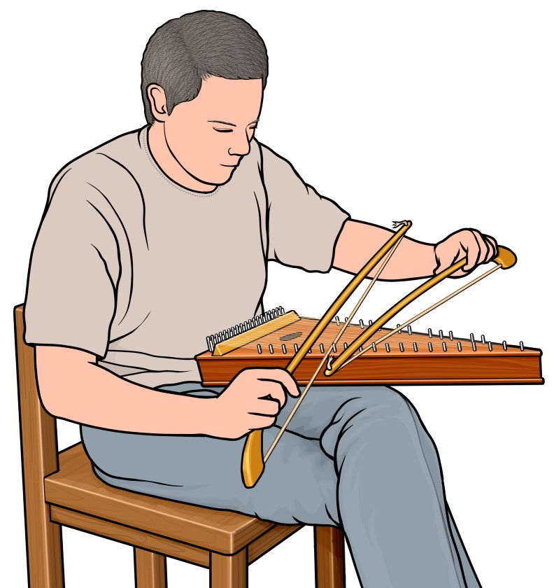 ボウド・プサルテリーを演奏する男性の図