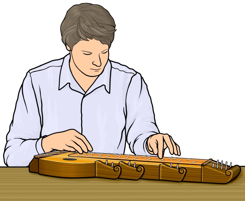 ハンガリーの弦楽器：ツィテラを演奏する男性