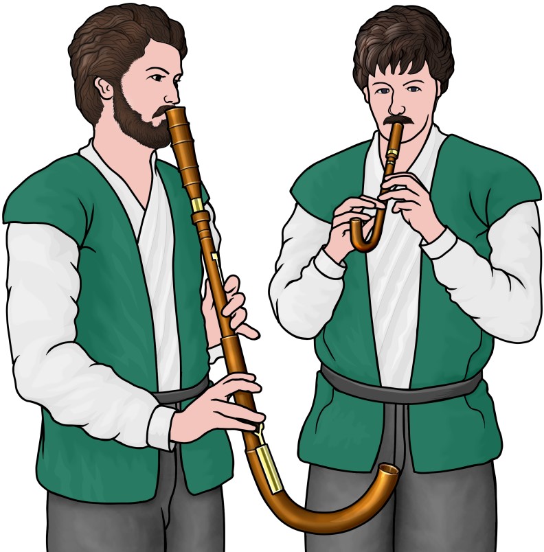 管楽器：クルムホルンを演奏する男性の図