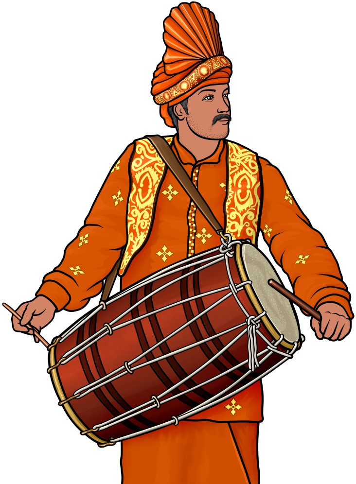 インドの太鼓 ： ドールを演奏する男性
