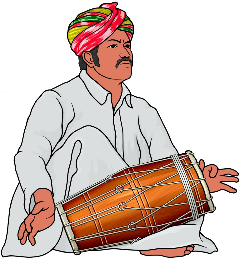 インドの太鼓 ： ドーラクを演奏する男性