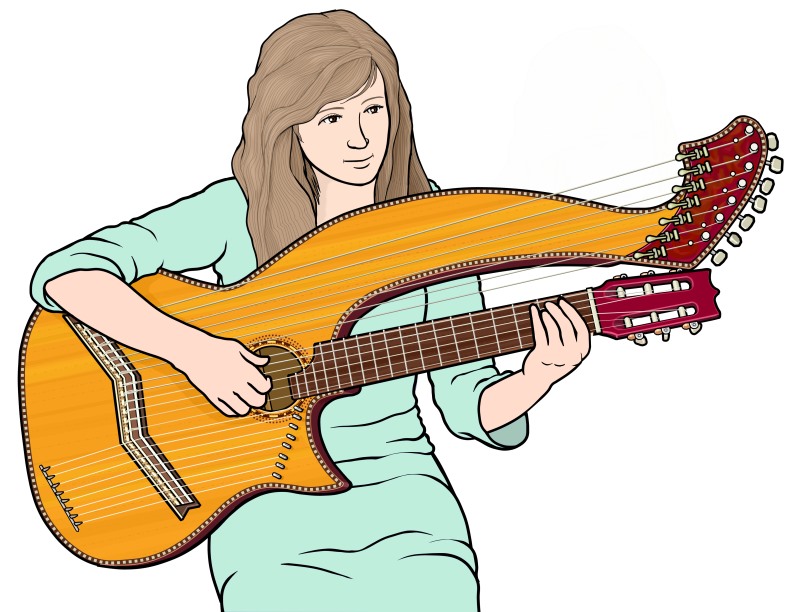 ハープ・ギターを演奏する女性の図