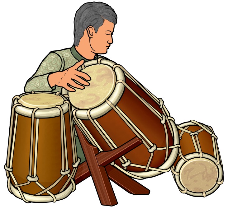 インドネシアの太鼓 ： クンダンを演奏する男性