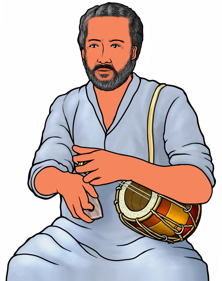 インドの弦楽器：カマクを演奏する男性