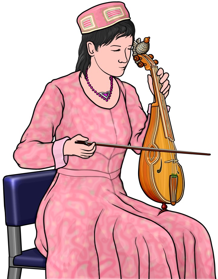 フシタールを演奏する女性の図