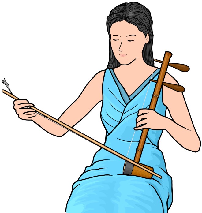 京胡を演奏する女性の図
