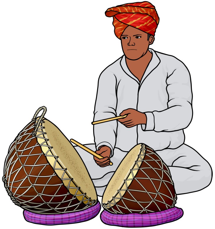 インドの太鼓 ： ナガラを演奏する男性