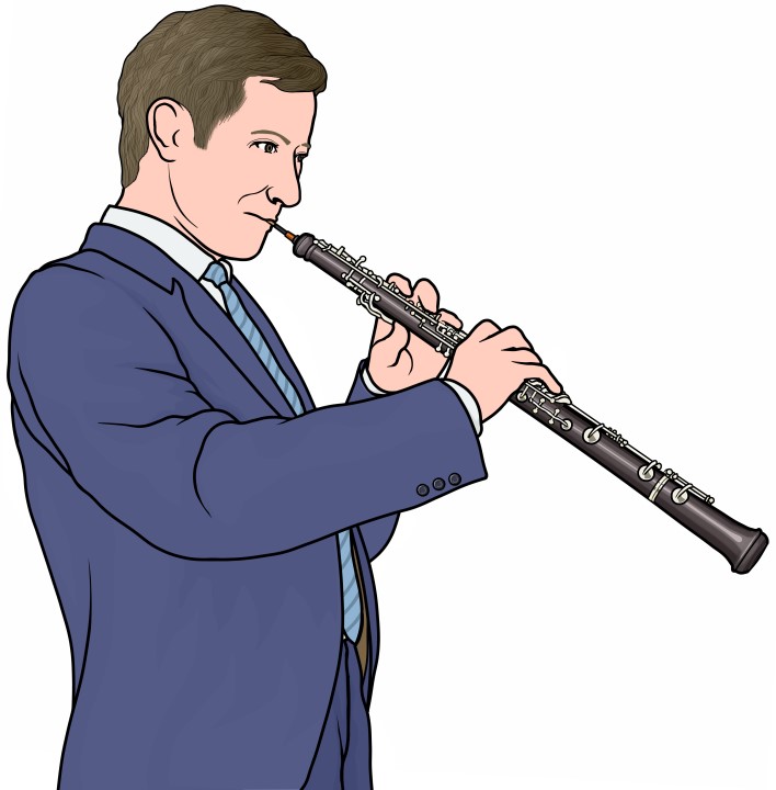 管楽器：オーボエを演奏する男性の図