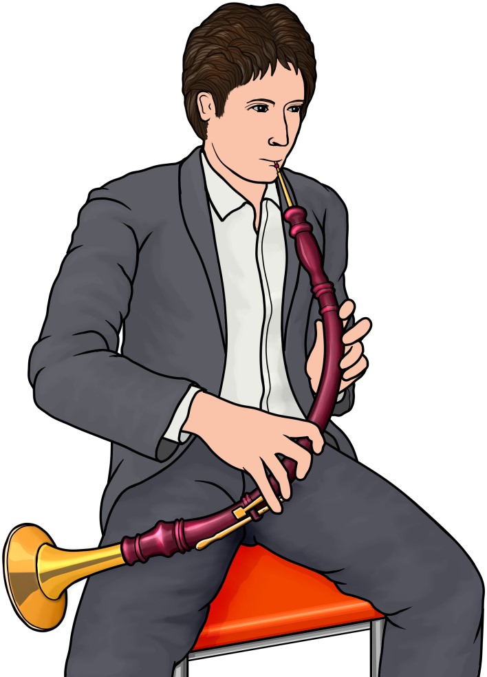 管楽器：オーボエ・ダ・カッチャを演奏する男性の図