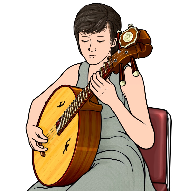 中国の楽器、阮咸（げんかん）を演奏する女性のイラスト