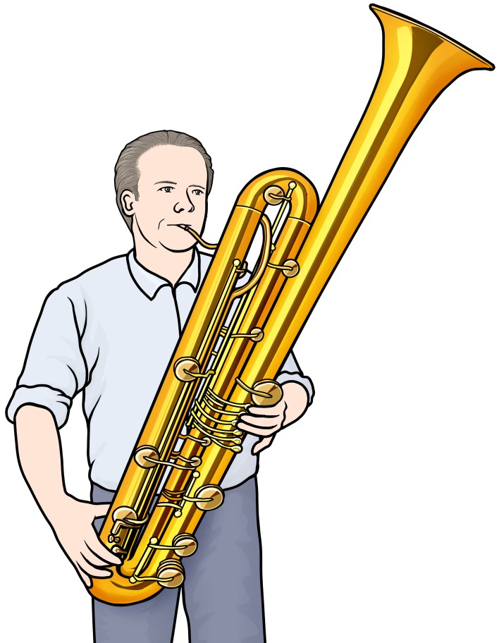 管楽器：サリュソフォーンを演奏する男性の図