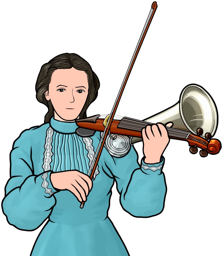 ストロー・バイオリンを演奏する女性の図