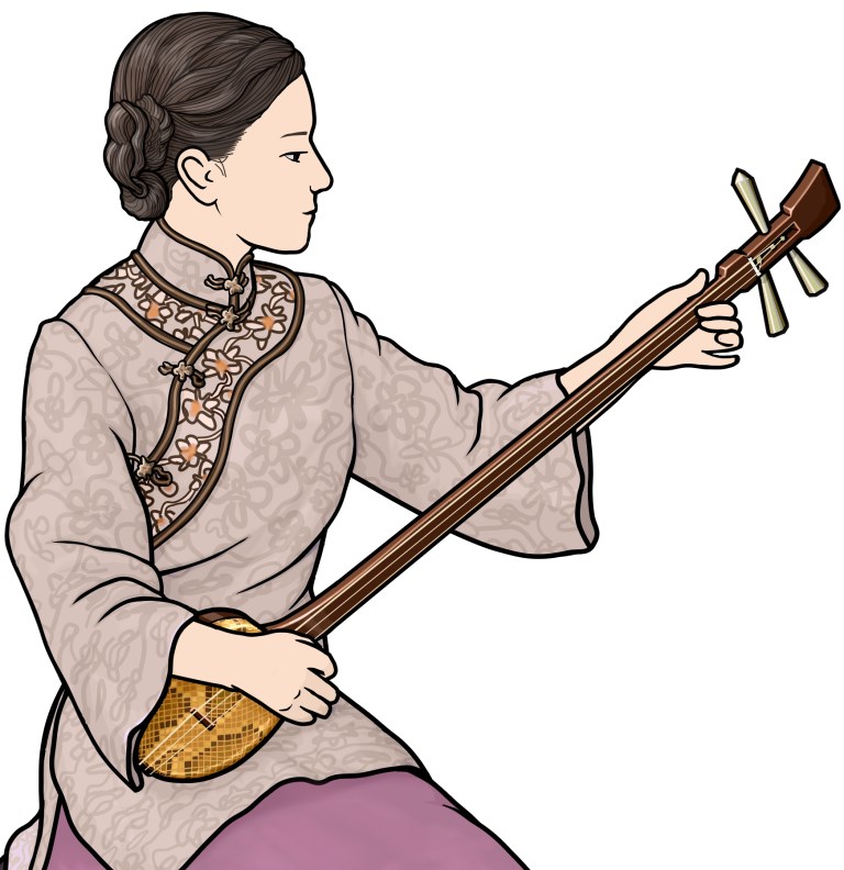 サンシェン（小三弦）を演奏する女性