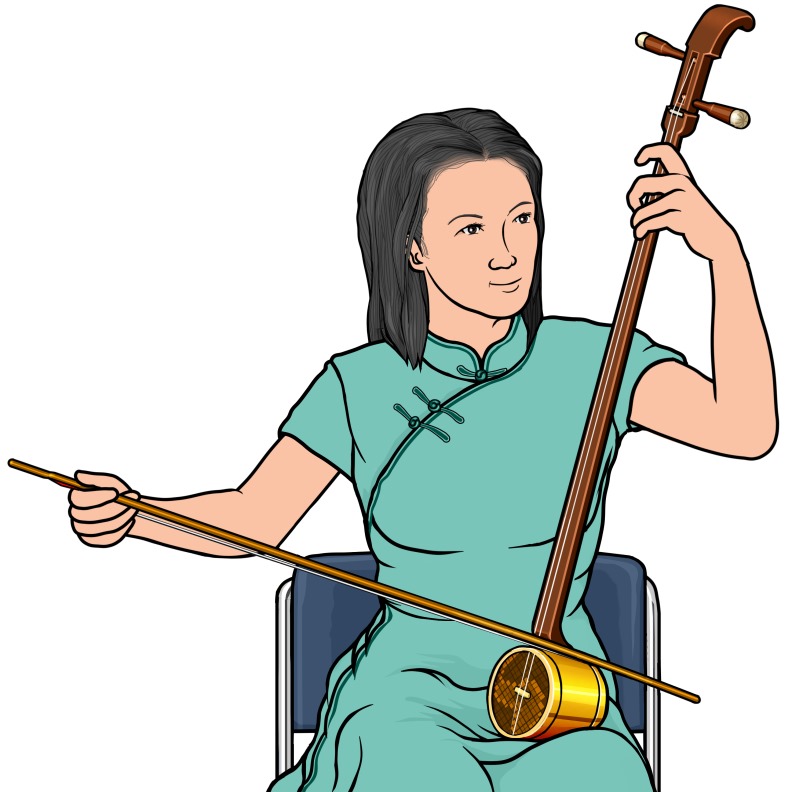  墜琴を演奏する女性の図