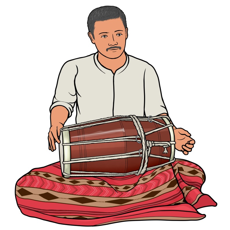 インドの両面太鼓 ： ドーラクを演奏する男性のイラスト