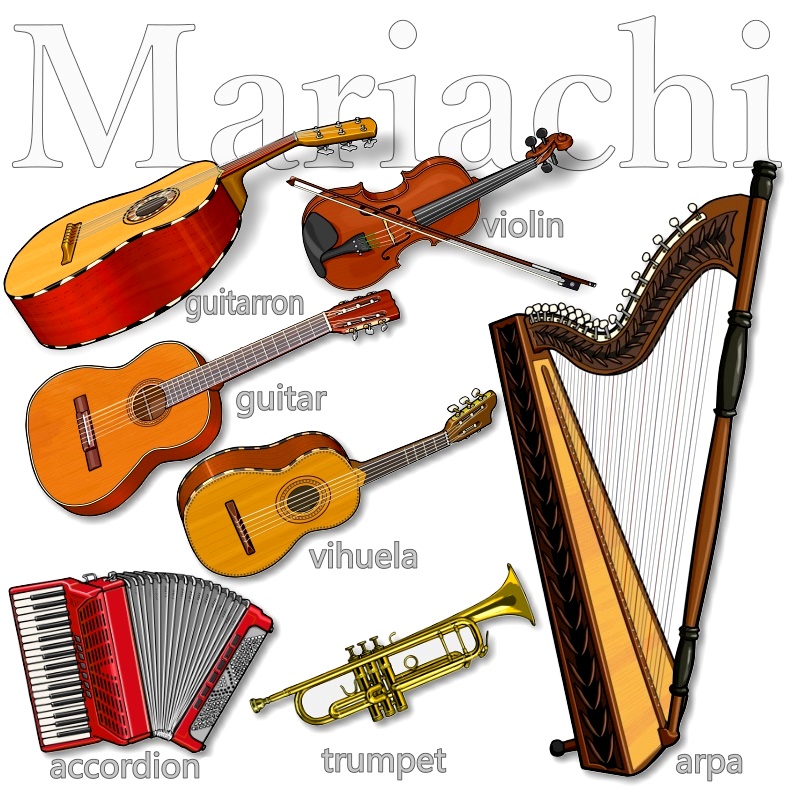 Mariachi:guitarron, guitar, vihuela, violin, accordion, trumpet, arpa