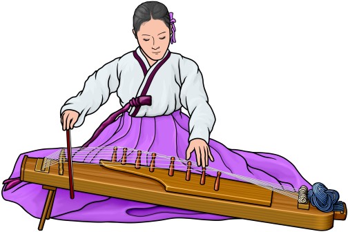 アジェン（8弦の散調牙箏）を演奏する女性